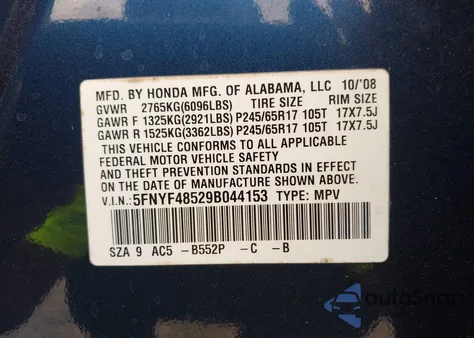 2009 Honda Pilot Ex-L from USA, damaged, VIN 5FNYF48529B044153